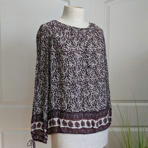 Lucky Brand Blouse Peasant Paisley Floral Print Long Sleeve Burgundy Navy L NWT